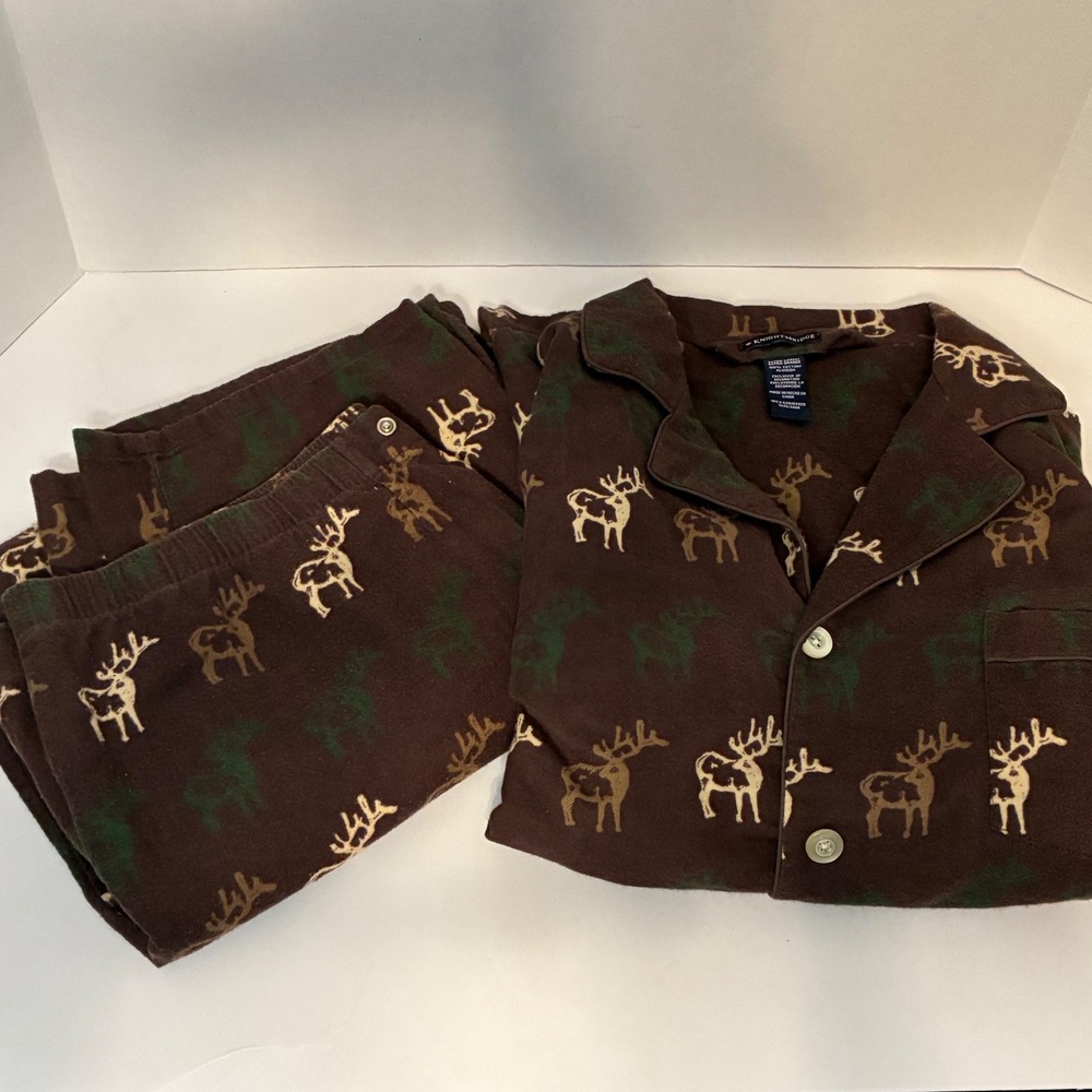Mens Knightsbridge Brown Reindeer Christmas Pajama Set Cabincore Flannel XL